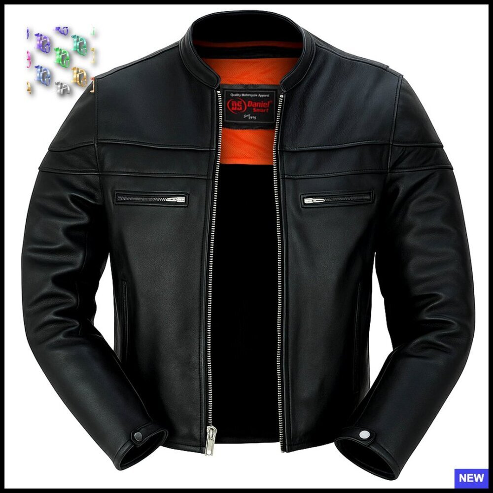 Motorcycle Leather Jacket Mandarin Collar Biker Style with Inside Pockets